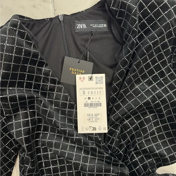 NEW ZARA BLACK SHIMMERY VELVET LONG DRESS SIZE SMALL MIDI LENGTH Style 0387/157 - Picture 3 of 6